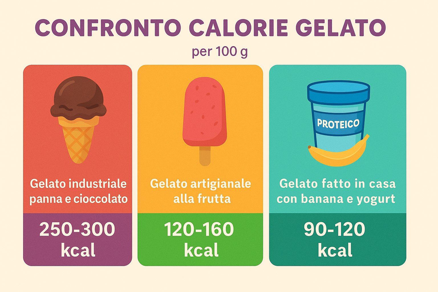 Infografica con confronto delle calorie dei diversi tipi di gelato per 100 grammi: gelato industriale panna e cioccolato (250-300 kcal), gelato artigianale alla frutta (120-160 kcal), gelato proteico confezionato (100-140 kcal), gelato fatto in casa con banana e yogurt (90-120 kcal).
